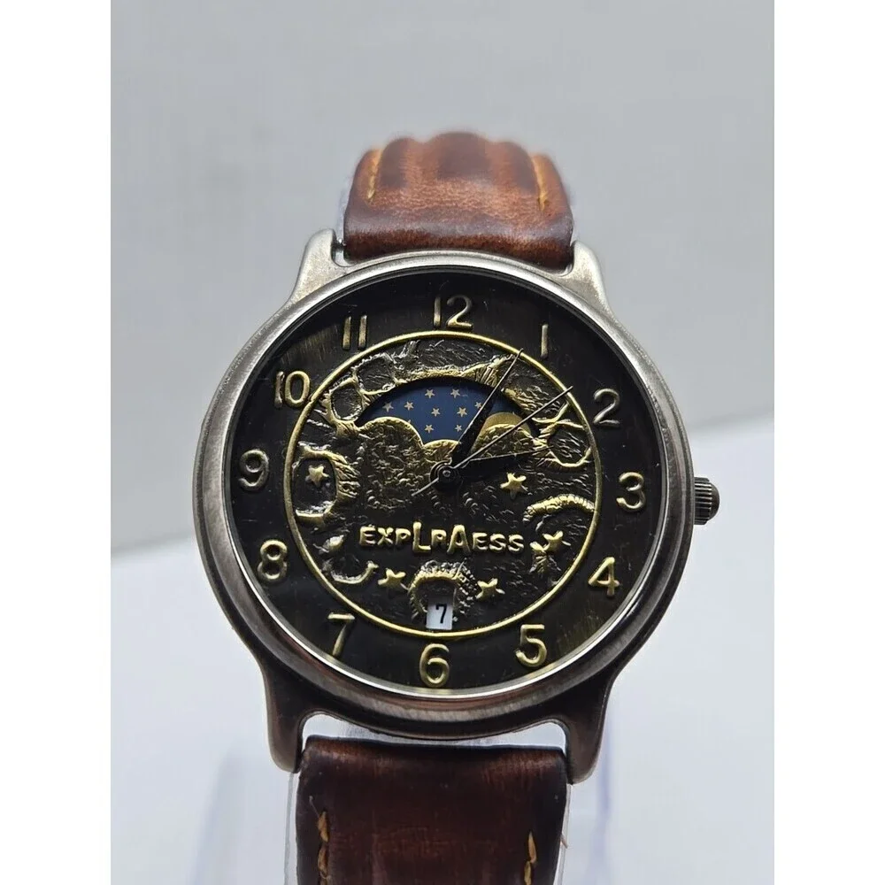LA Express Moon And Stars Quartz Watch Day Night Date Brown Leather New Battery